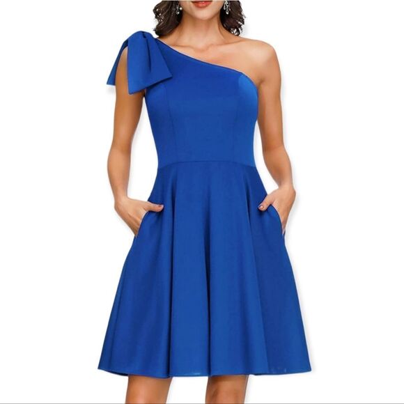 JASAMBAC Women's Bow One Shoulder Dress with Pockets A-line Cocktail Party Dress - Picture 1 of 7